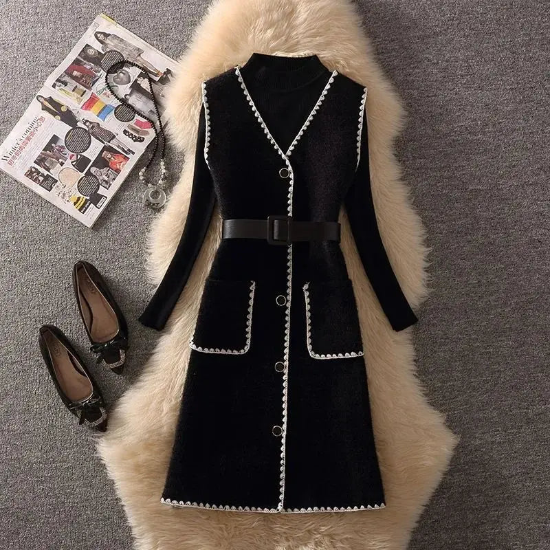 Street-Wave Knit Sweater Dress For Women Belted Blue Layered Pullover Cozy Everyday Fashion