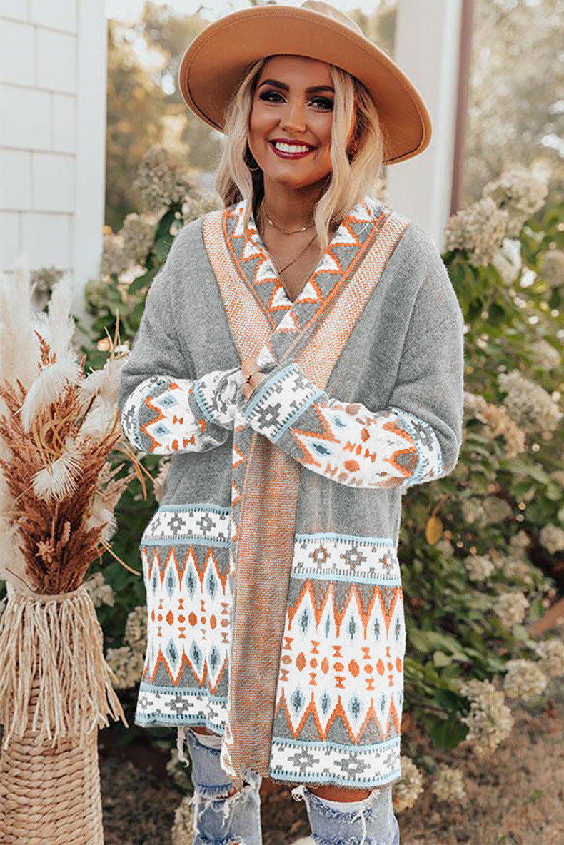 Street-wave Cardigan Midi Length Cozy Knit With Aztec Pattern For Women Warm And Stylish