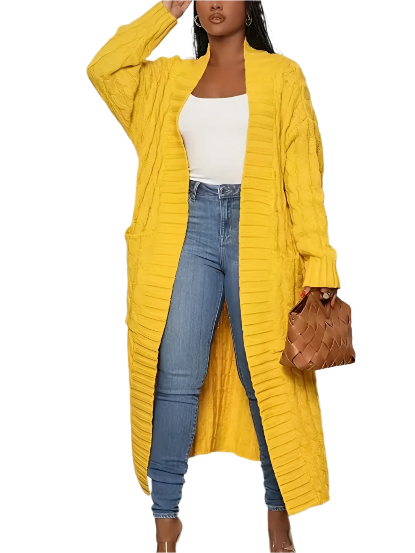 Street-Wave Long Knit Cardigan For Women Open Front Draped Texture Pink Cozy Warmth
