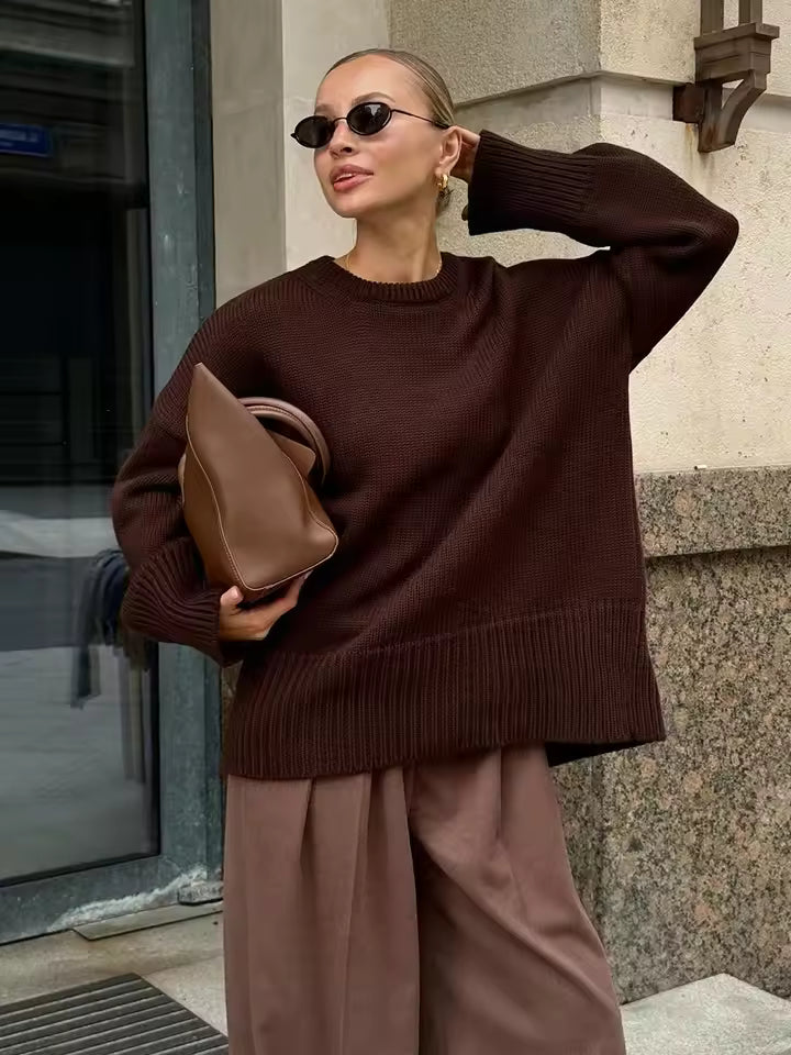 Street-wave Oversized Knit Sweater For Women With Crew Neck Cozy Comfort And Modern Chic