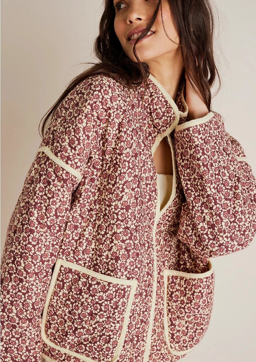 Street-wave Floral Quilted Jacket For Women With Bright Multicolor Print Lightweight Front Zip And Pockets