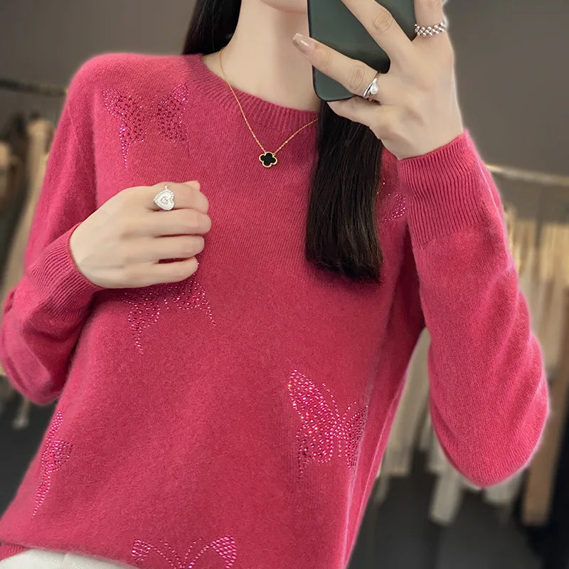 Women's Knit Sweater with Butterfly Design and Soft Texture