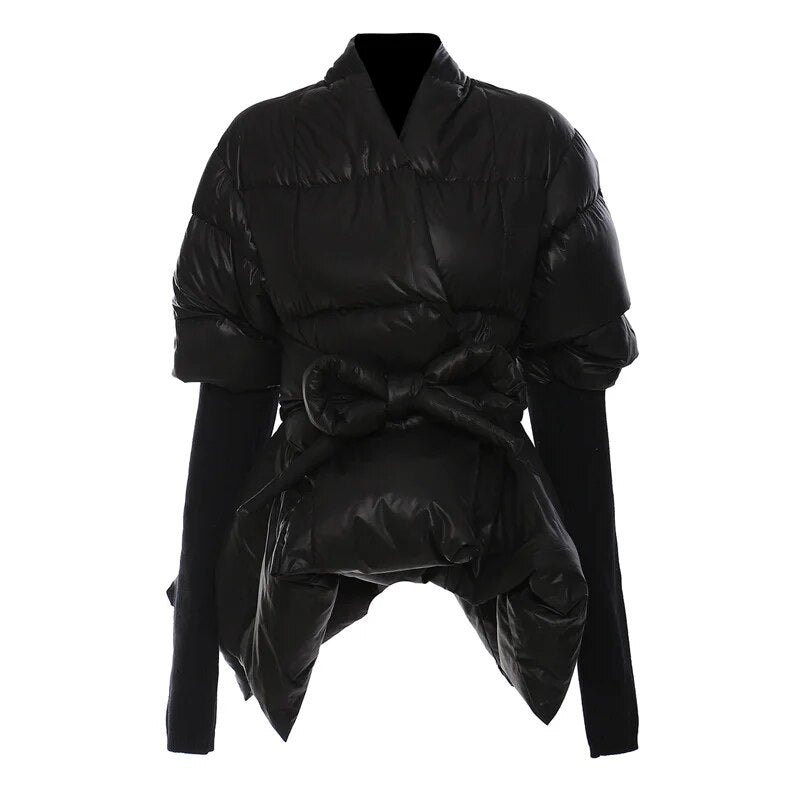 Street-wave Puffer Jacket for Urban Streetwear Fans Belted Cushy Warmth Printed Polyester Cotton Lining