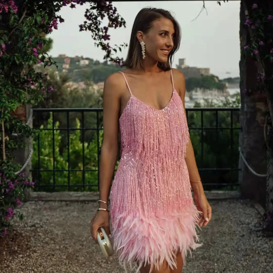 Street-Wave Lily Women Cocktail Dress With Fringe Feathers