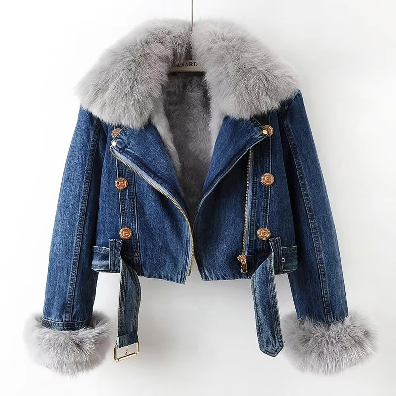 Street-wave Denim Jacket With Faux Fur Collar For Women Timeless Warm Street Style