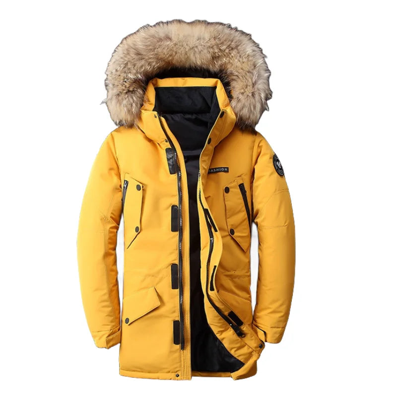 Street-Wave Mens Mid-Length Winter Parka With Hood Fur Trim Thermal Insulation For Extreme Cold Protection