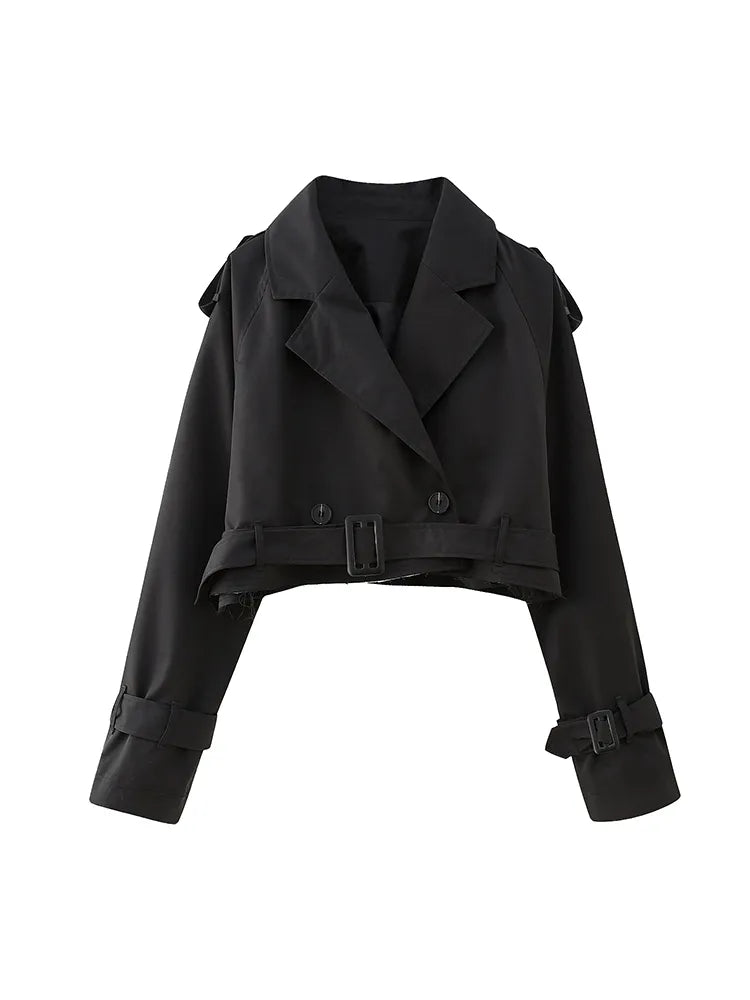 Night Fever Jacket By Street-Wave Cropped Belted Trench Style For Partygoers Chic Polyester Outerwear