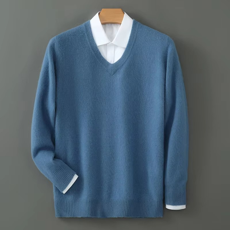 Street-Wave Men's Winter Cashmere Blend V Neck Sweater Loose Fit Plus Size Knitted Pullover For Warmth