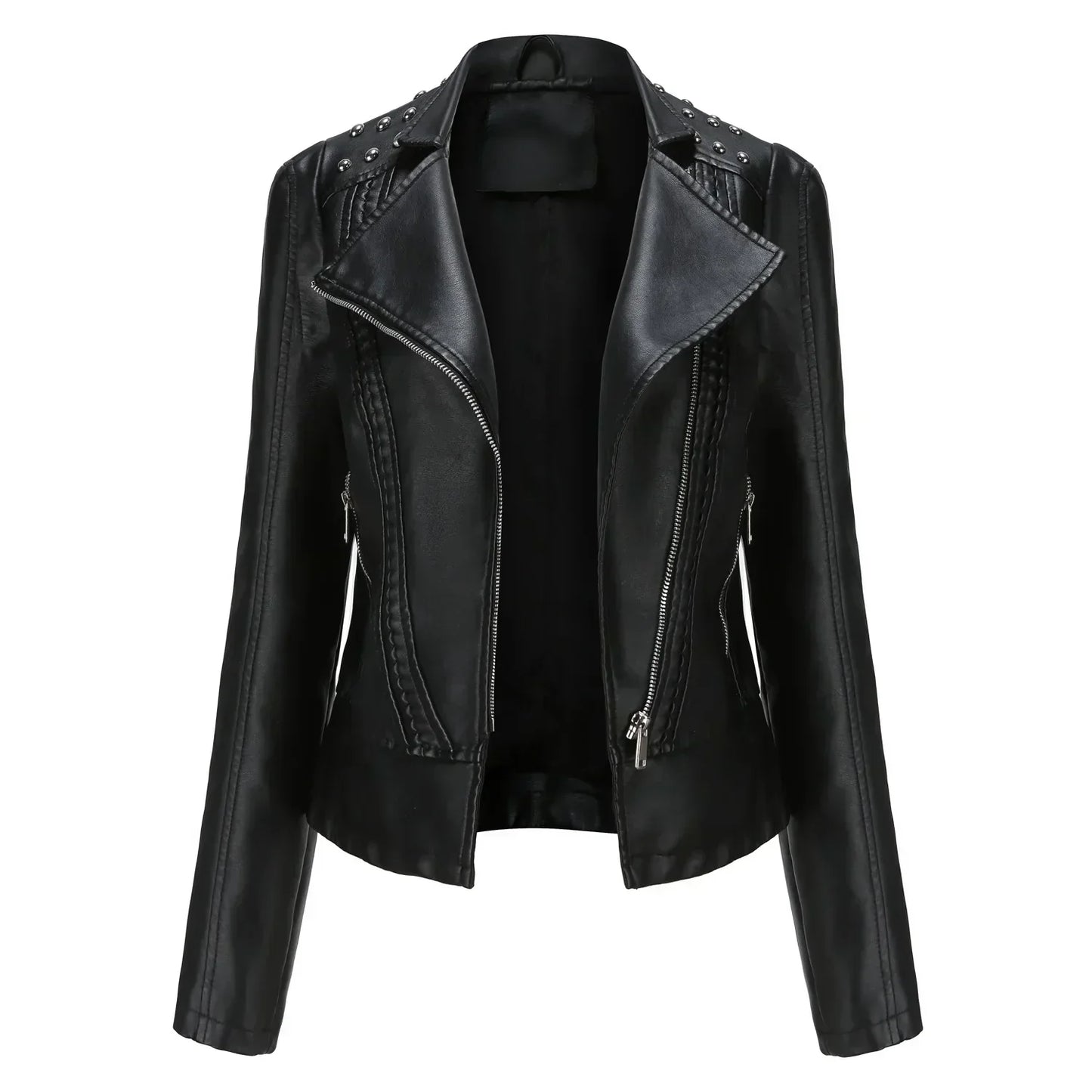Streetwave Leather Look Jacket For Women With Studded Shoulders And Zip Cuffs Premium Style