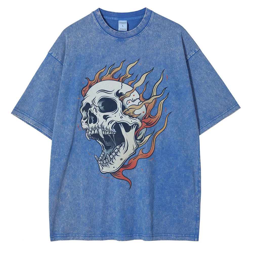 Street-Wave Bone Blaze Acid Wash Skull Tee With Flame Graphic Oversized Heavyweight One Hundred Percent Cotton