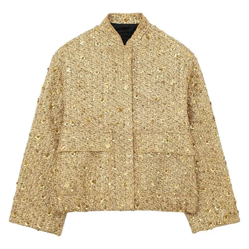 Street-wave Sequin Tweed Jacket For Women Timeless Elegance With Sparkle Detail Texture