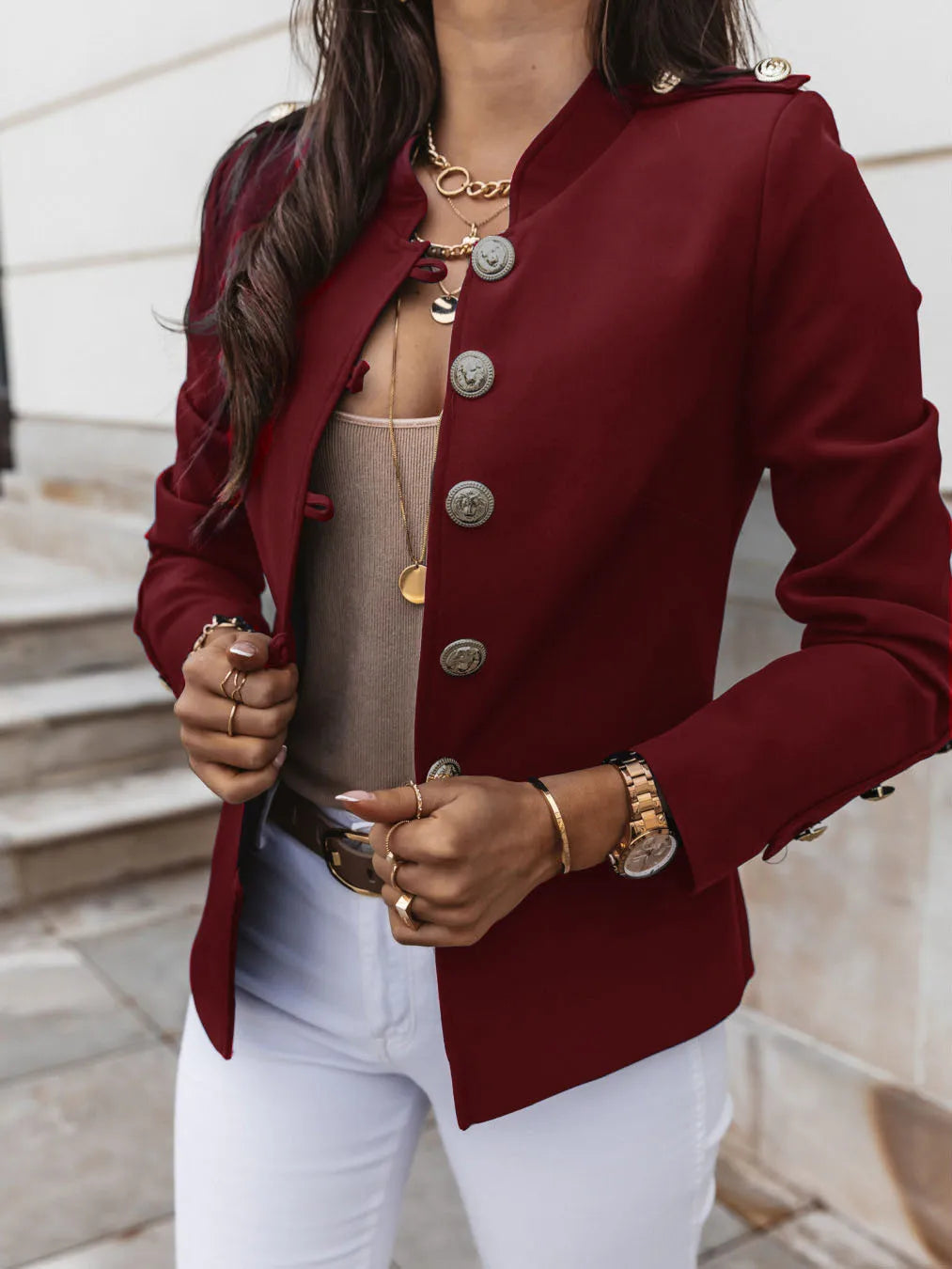 Street-Wave Luxury Blue Jacket For Elegant Women With Gold Button Blazer Premium Comfort And Style