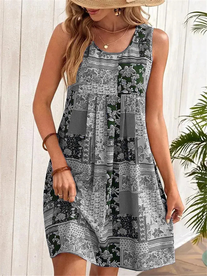 Street-Wave Sleeveless A-Line Dress Women Breezy Patchwork