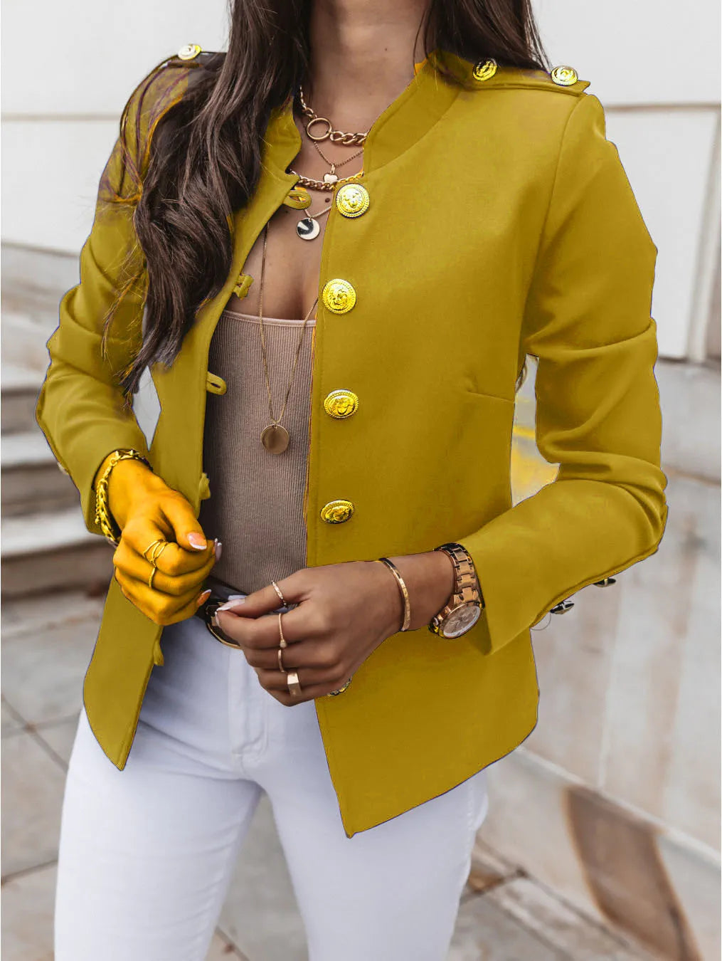 Street-Wave Luxury Blue Jacket For Elegant Women With Gold Button Blazer Premium Comfort And Style
