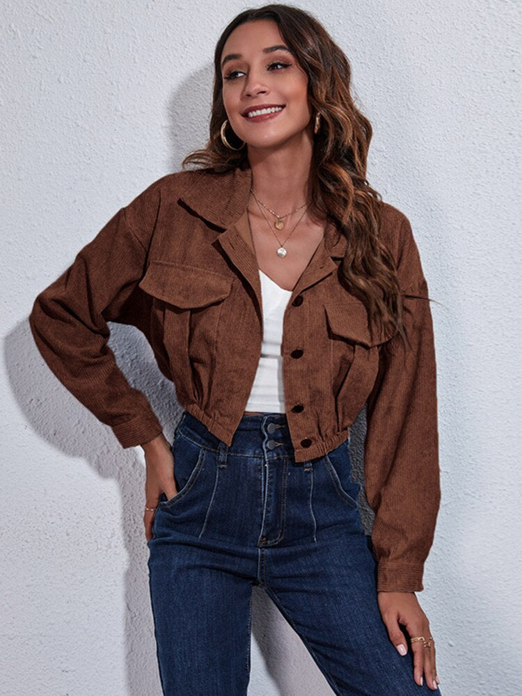 Street-wave Women's Solid Corduroy Coat with Elastic Hem Cropped Fit - Chic Everyday Outerwear
