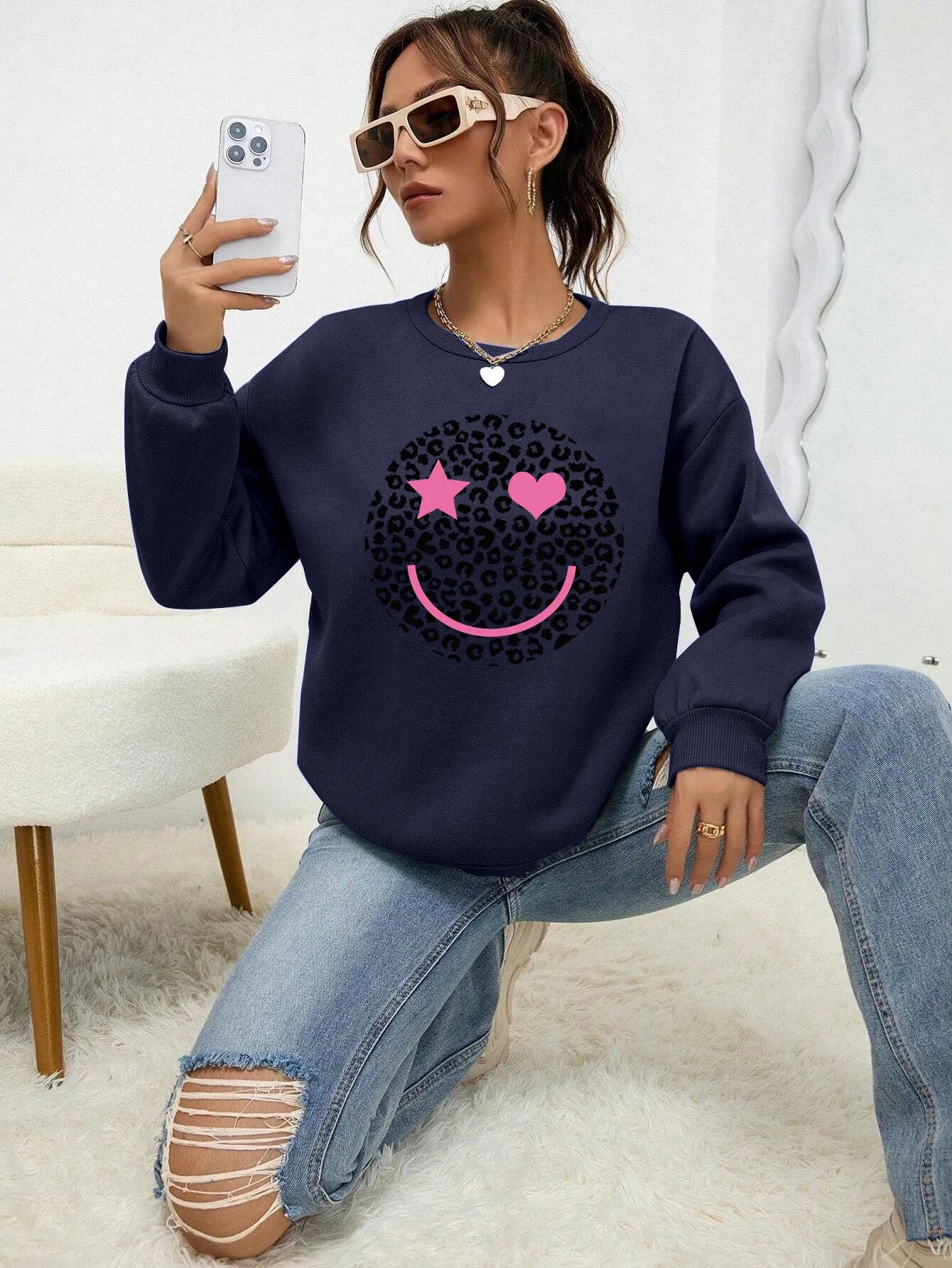 Street-wave Leopard Print Sweatshirt For Women Cotton Blend Comfortable Trendy Everyday Wear