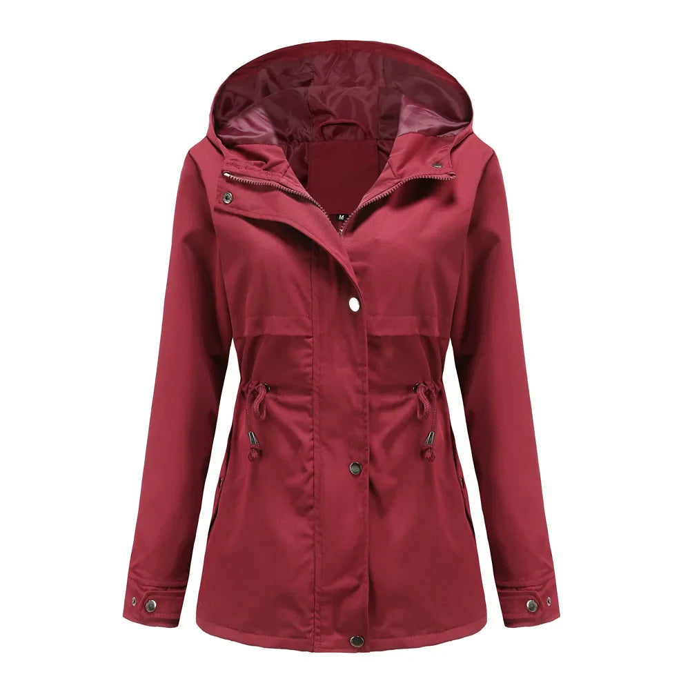 Street-wave Womens Waterproof Hooded Rain Jacket For Urban Commuters With Adjustable Drawstrings And Wind Protection