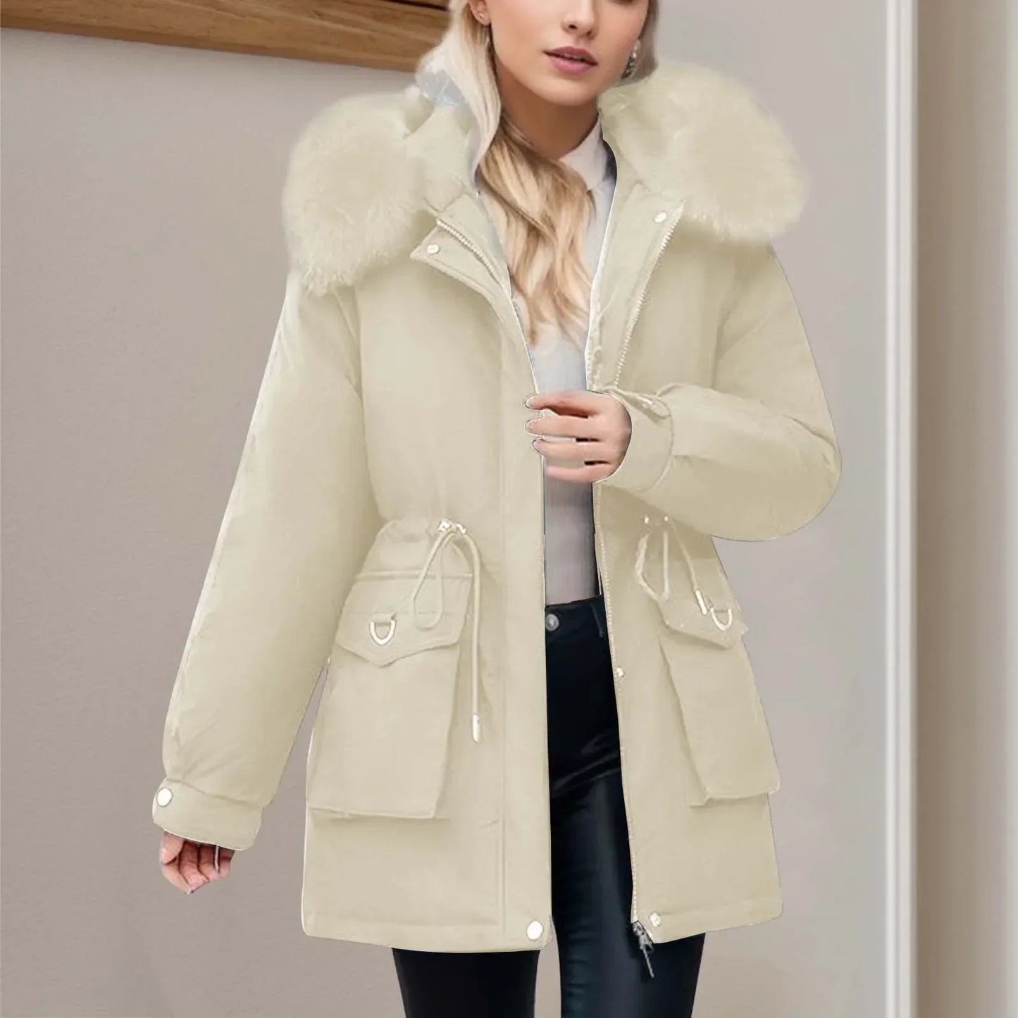 Street-Wave Women Warm Winter Windbreaker With Hood Full Zip Waist Cinch And Front Pockets