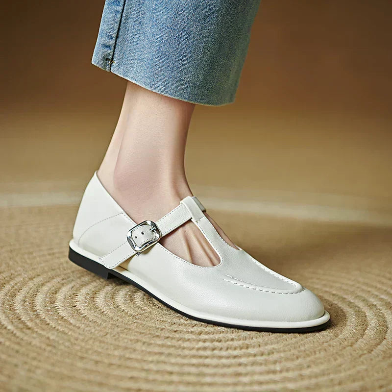 Women's T-Strap Round Toe Flats with Low Heel and Adjustable Strap