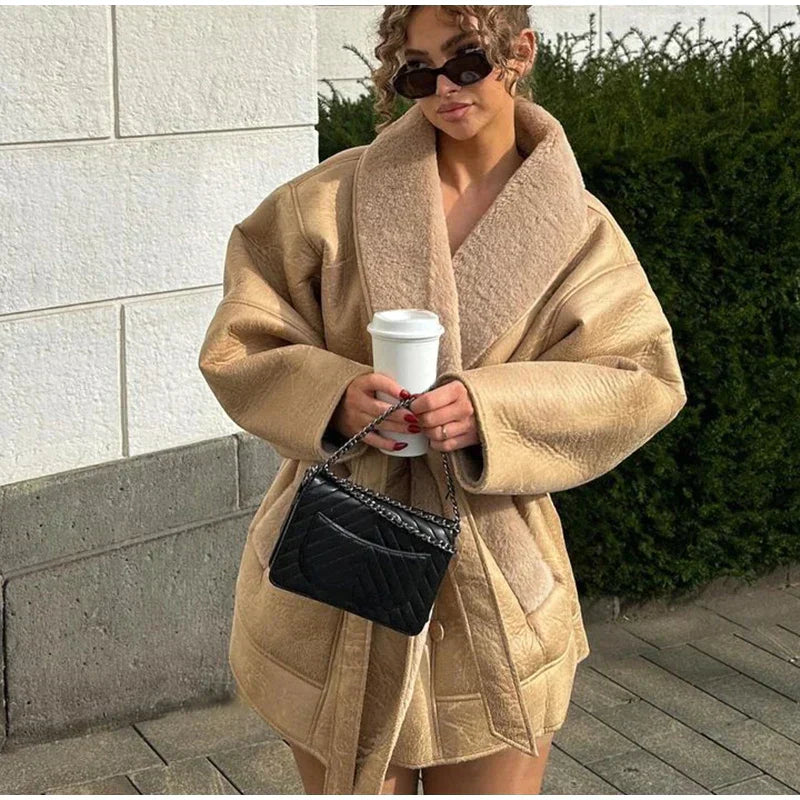 Street-wave Leather Jacket With Fur Lining For Women Luxurious Warm Winter Coat Edition