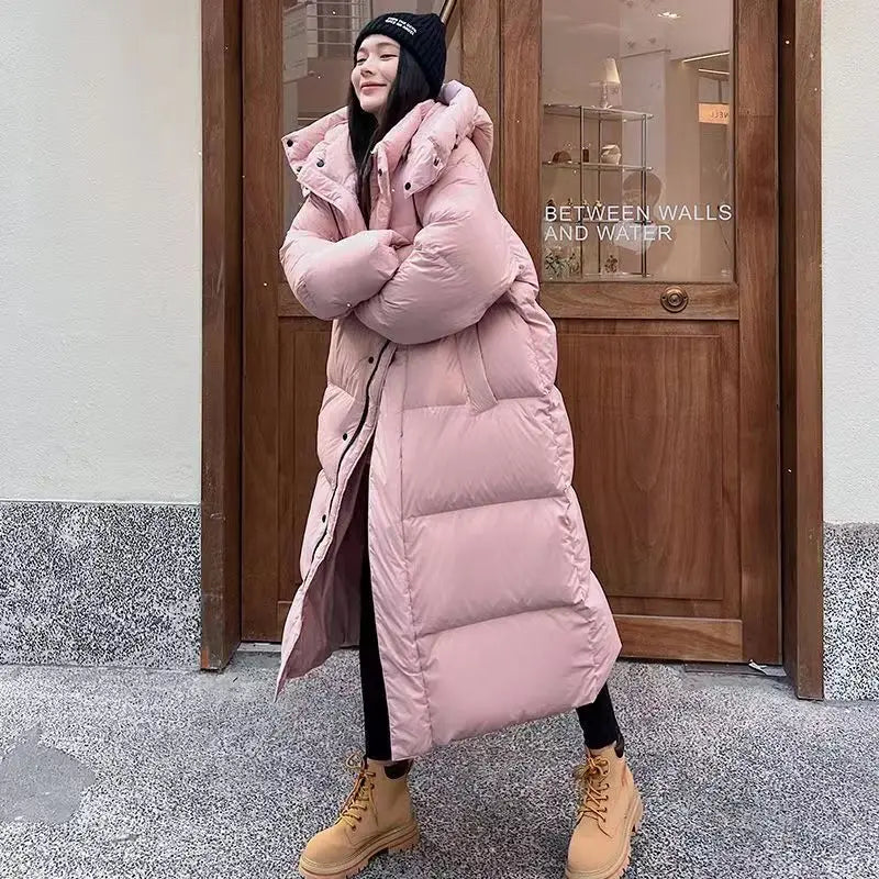 Street Wave Long Oversized Puffer Jacket For Women With Hood Plus Size Warm Coat