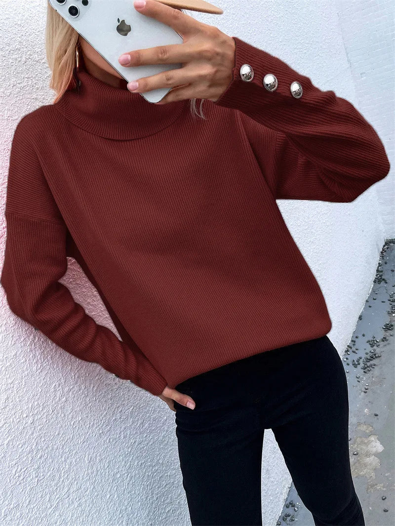 Street-wave High Neck Knit Sweater For Women Cozy Relaxed Fit Warm Everyday Chic Essential