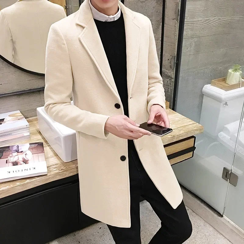 Street-wave Mens Long Wool-Blend Coat With Button Closure, Timeless And Elegant Everyday