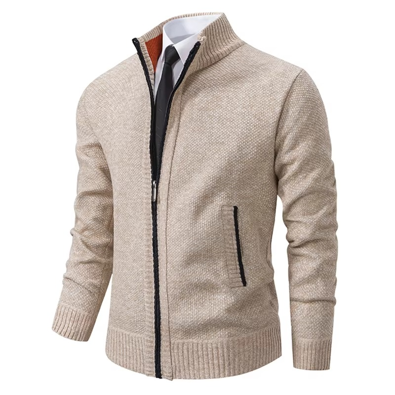 Men's Fleece Lined Stand Collar Zip Cardigan Warm Casual Jacket For Fall And Winter
