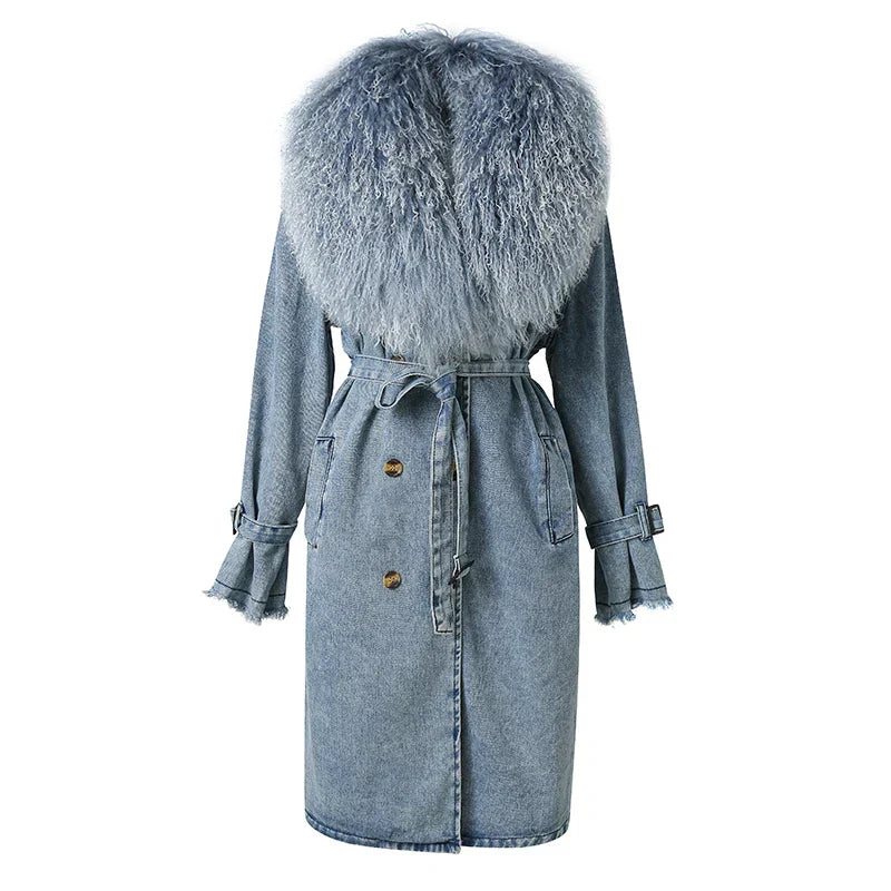 Street-Wave Denim Jacket With Faux Fur Collar Cotton Blend Modern Elegant For Women