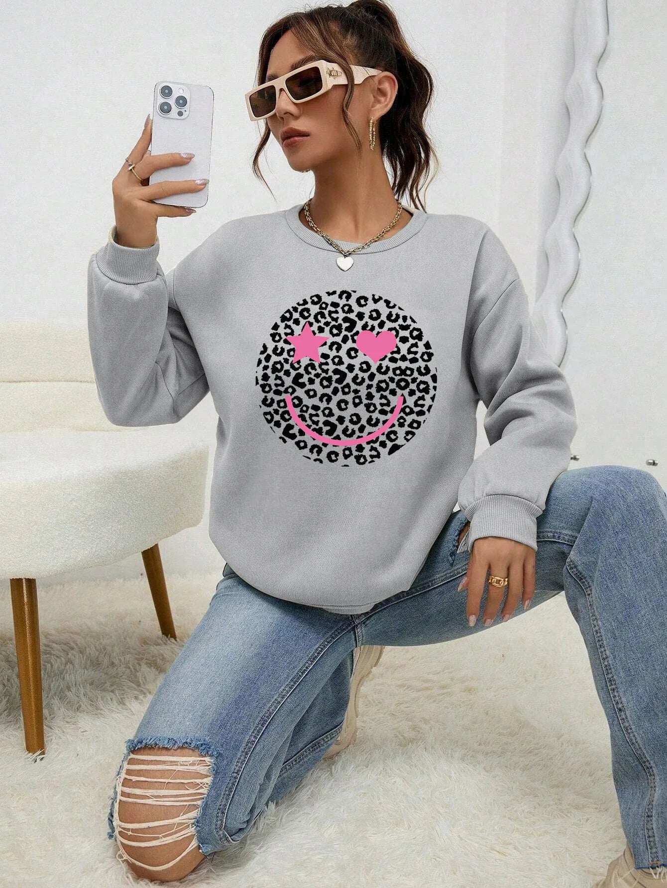 Street-wave Leopard Print Sweatshirt For Women Cotton Blend Comfortable Trendy Everyday Wear