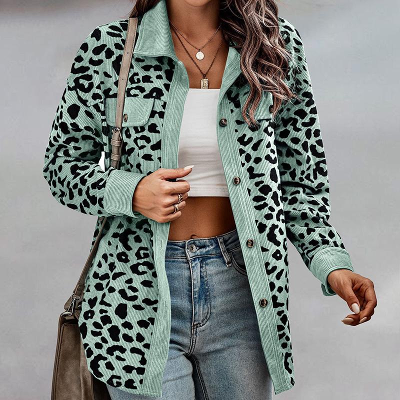 Street-wave Leopard Print Jacket For Women With Beige Corduroy Trim Chic Everyday Outerwear