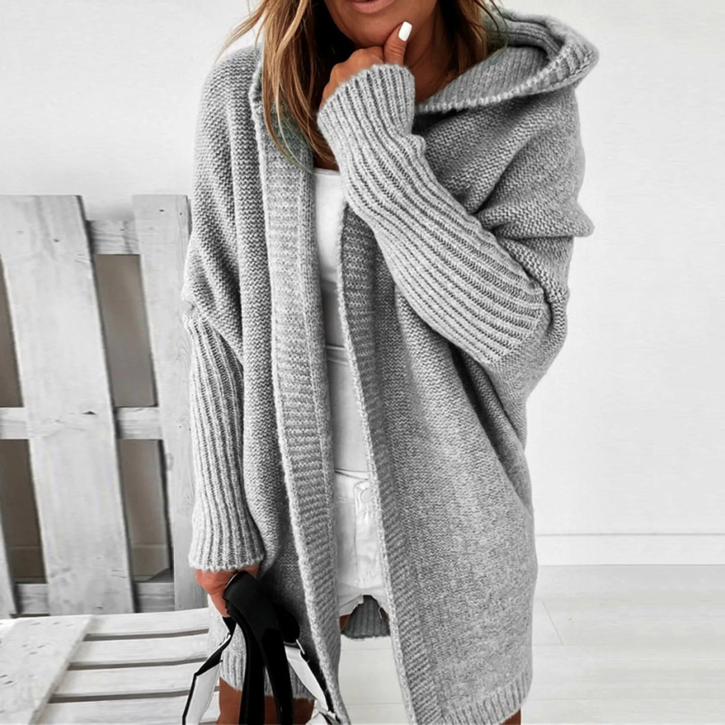 Street-Wave Oversized Knit Coat With Hood For Plus Size Women Cozy Warmth And Comfort
