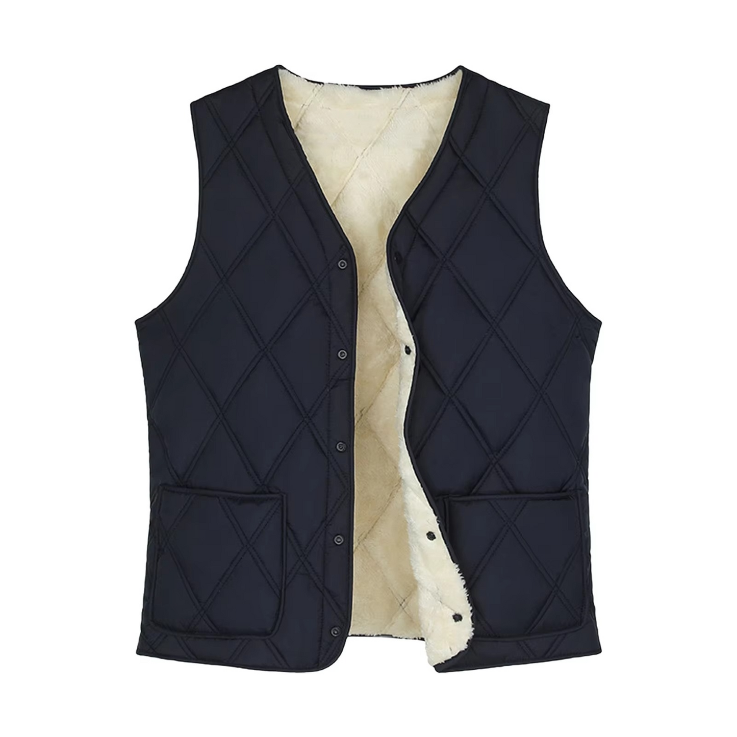 Men's Padded V-Neck Vest With Pockets - Solid Color Warm Waistcoat For Casual Office Wear