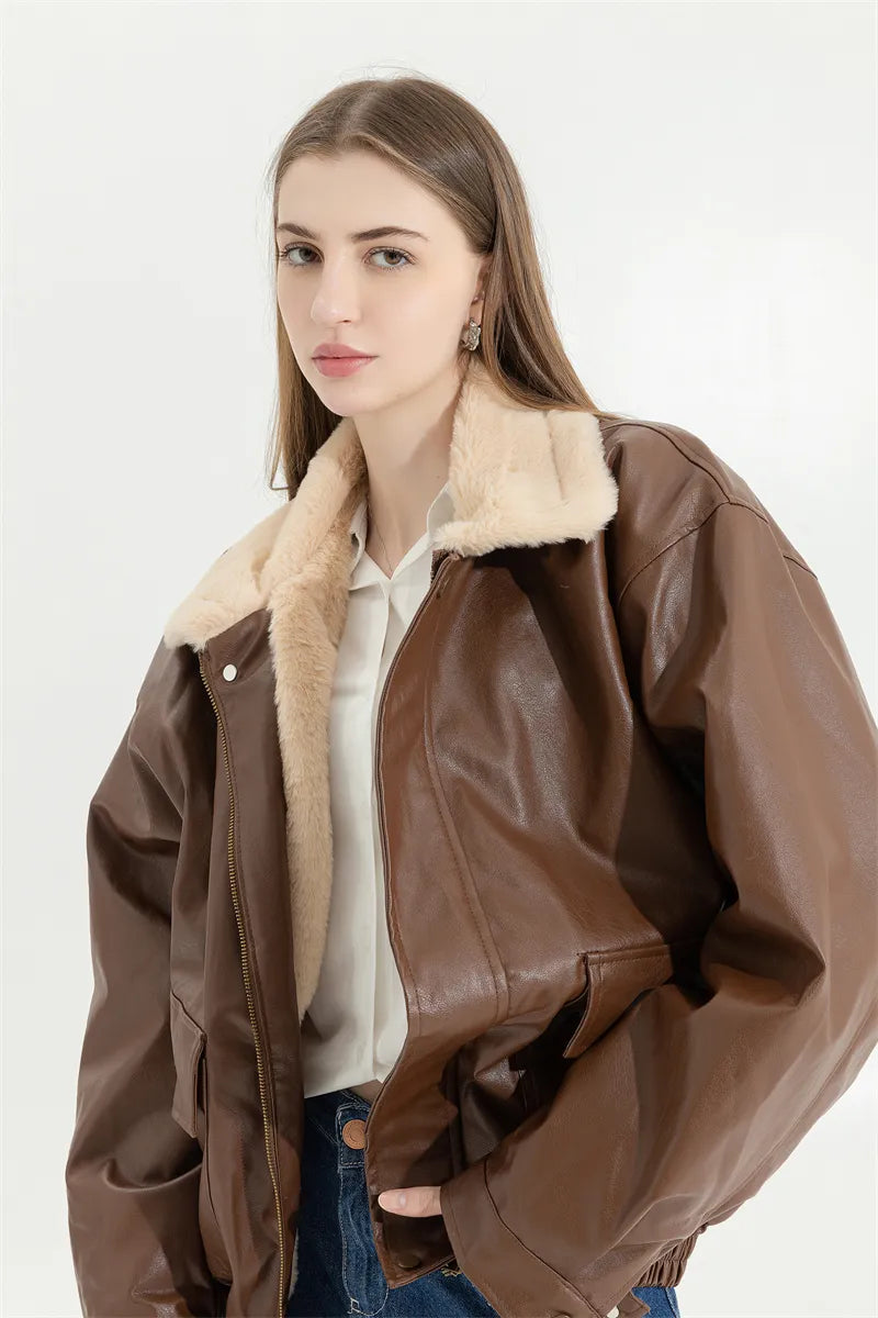 Street-Wave Shearling-Lined Winter Jacket For Men Warm Vintage Leather-Style Coat