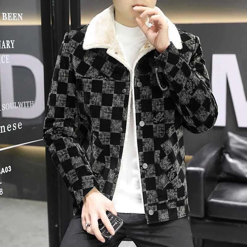 Street-Wave Check Cord Jacket With Faux Shearling Collar For Men, Modern Winter Warmth