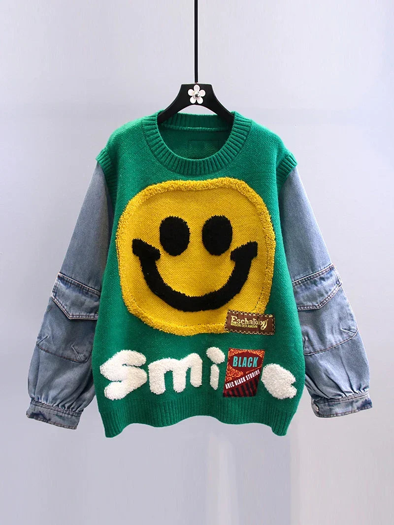 Street-wave Smiley Patch Sweater for Women, Oversized Cozy Winter Knit with Denim Sleeves, Bold Casual Streetwear