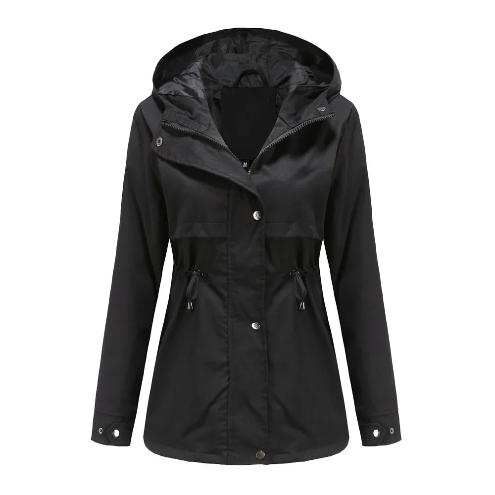Street-wave Womens Waterproof Hooded Rain Jacket For Urban Commuters With Adjustable Drawstrings And Wind Protection