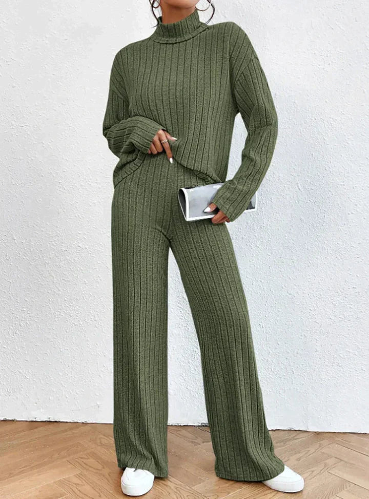 Street-wave Ribbed Knit Set For Women Cozy Two Piece Turtleneck And Wide Leg Pants