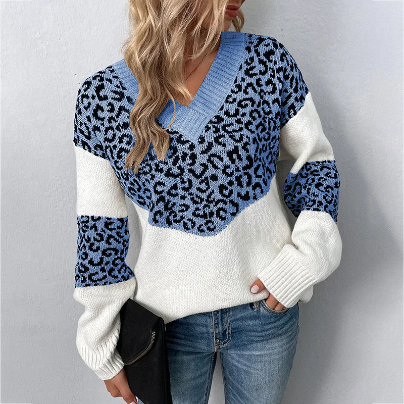 Women's V-neck Sweater with Leopard Print and Soft Knit