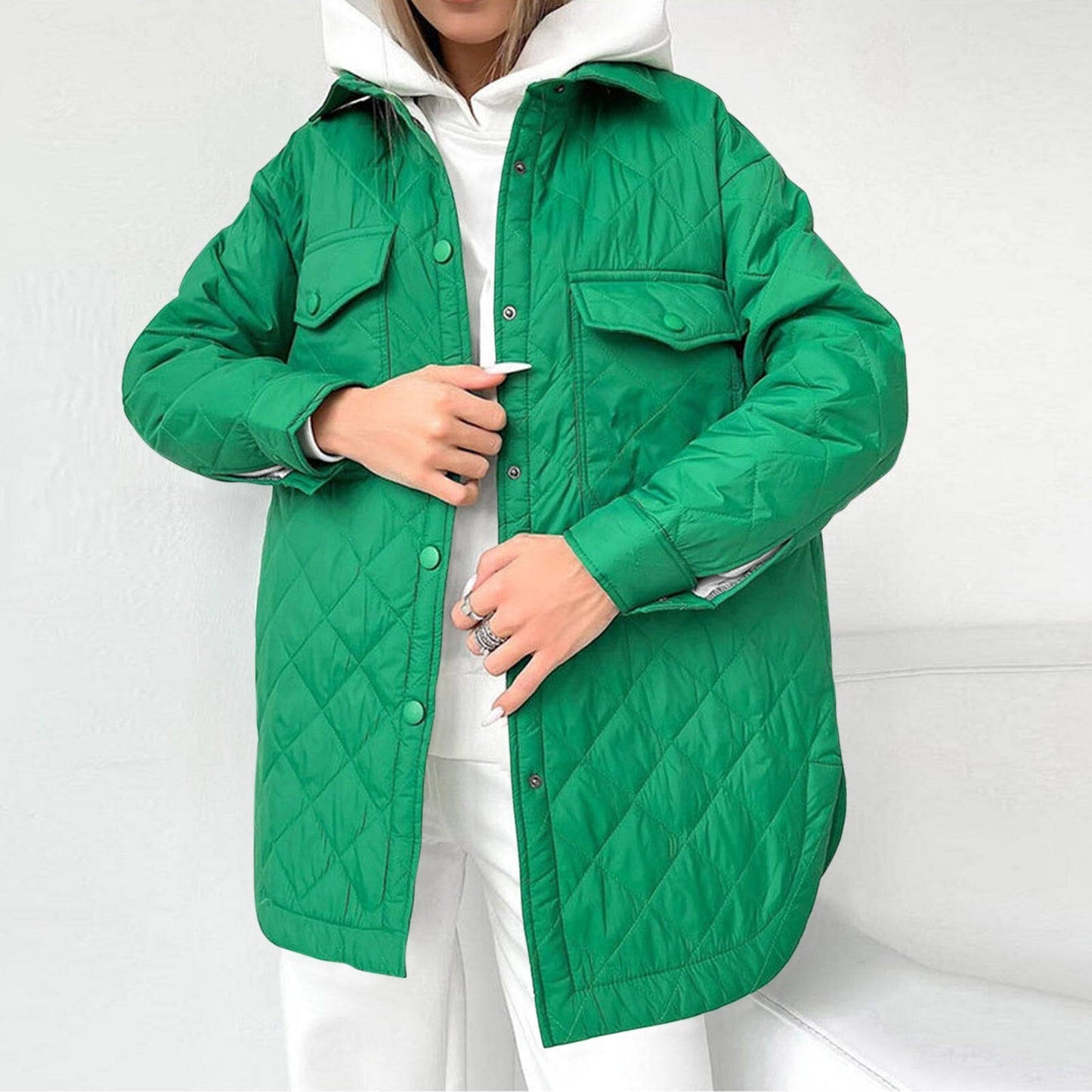 Street-Wave Long Quilted Coat With Snap Button Closure For Women Warm Winter Outerwear