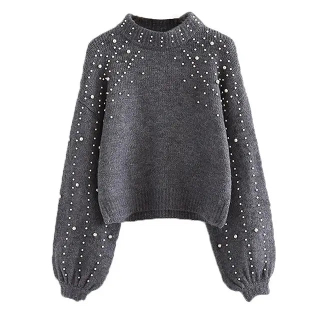 Street-Wave Pearl Embellished Crew Neck Knit Sweater With Balloon Sleeves For Women, Chic Winter Warmth