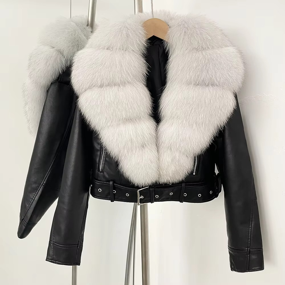 Women's Faux Leather Coat with Faux Fur Collar — Elegant Warmth for the Cold Season