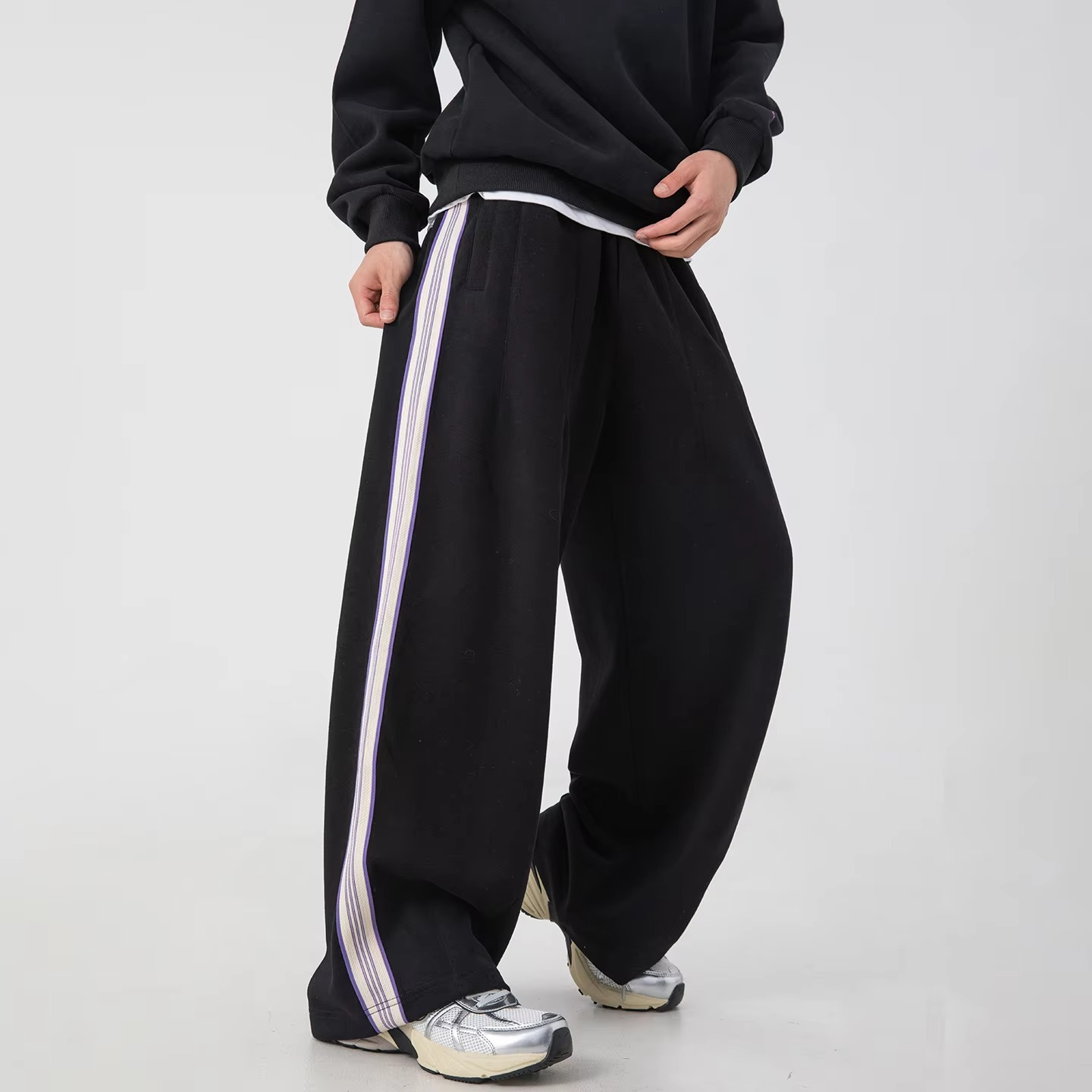 Mens Autumn Winter Stitch Design Sweatpants Loose Fit Elastic Waist Side Stripe Athletic Pants Street-Wave