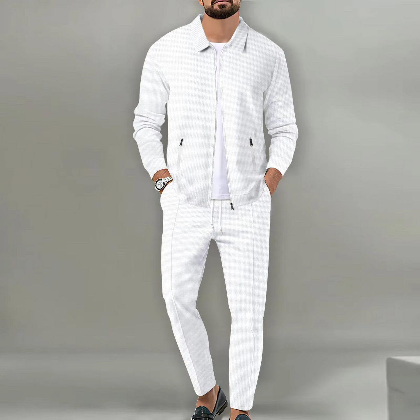 Street-Wave Mens Two Piece Long Sleeve Polo Jacket Shirt With Matching Drawstring Pants Set For Everyday Comfort