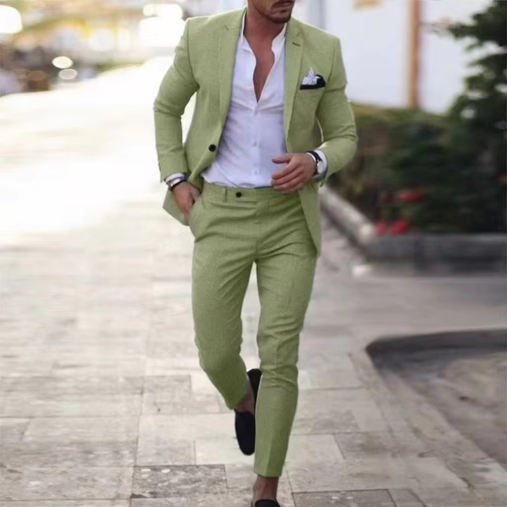 Street-Wave Men's Breathable Linen Two Piece Blazer And Pants Suit Set For Weddings Beach Parties Summer Events