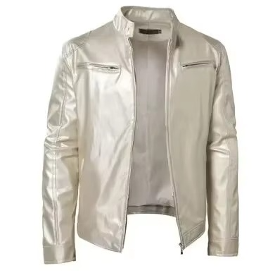 Men's Slim Fit PU Leather Jacket With Stand Collar Wind Resistant Motorcycle Style