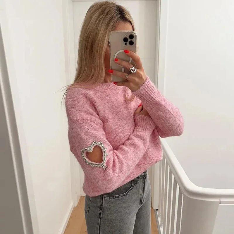 Street-Wave Hollow Heart Cutout Sweater For Women, Cozy Knit With Heart Sleeve Detail
