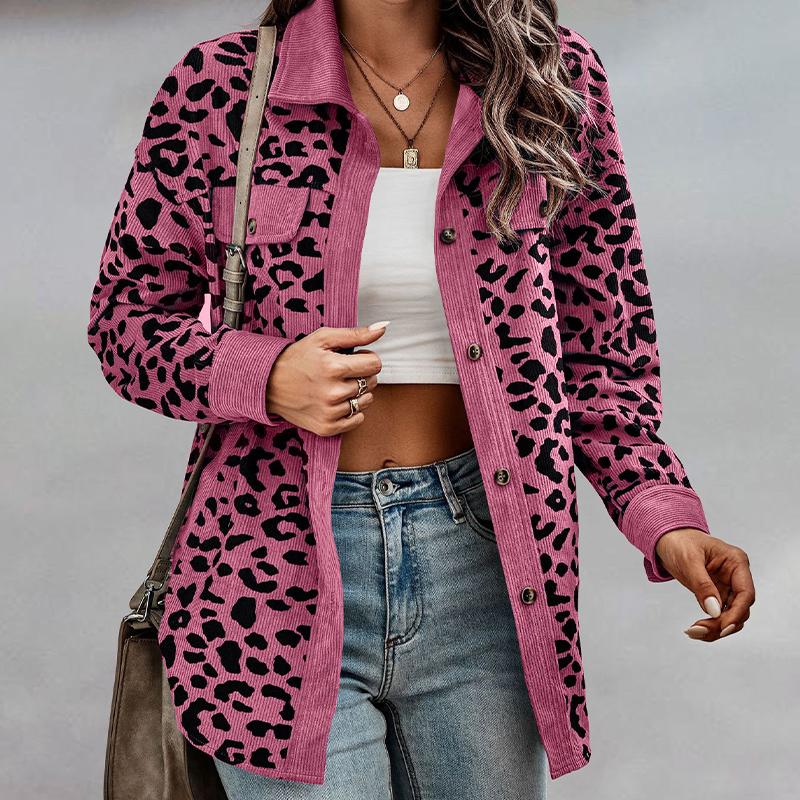 Street-wave Leopard Print Jacket For Women With Beige Corduroy Trim Chic Everyday Outerwear