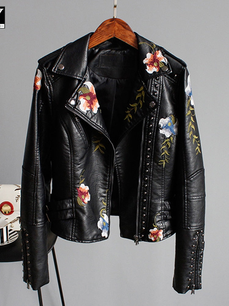 Street-Wave Women's Leather Jacket With Embroidered Flowers, Elegant Yet Comfortable Everyday Fashion Statement