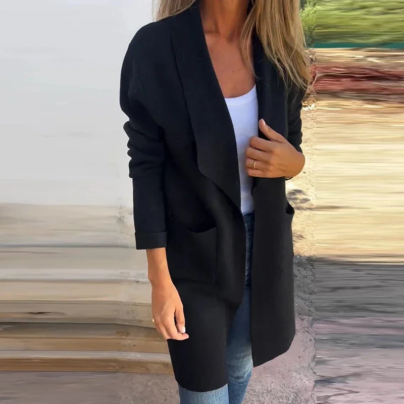 Street-wave Solid Mid Length Cardigan For Women Elegant Cozy Knit Coat With Soft Comfort